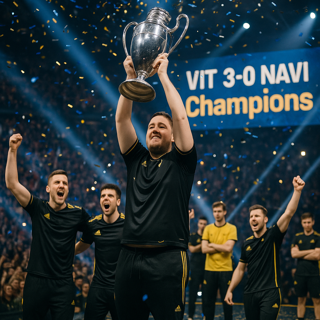 Foto periodística: ZywOo de Vitality alza el trofeo tras ganar 3-0 a NAVI; sus